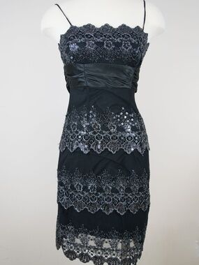 Josh & Jazz Black Beaded & Lace Cami Dress w/Satin Waist Tie Back Size 3/4